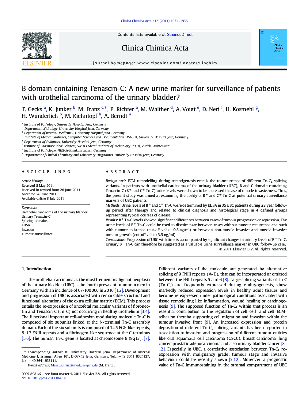 B domain containing Tenascin-C: A new urine marker for surveillance of patients with urothelial carcinoma of the urinary bladder?