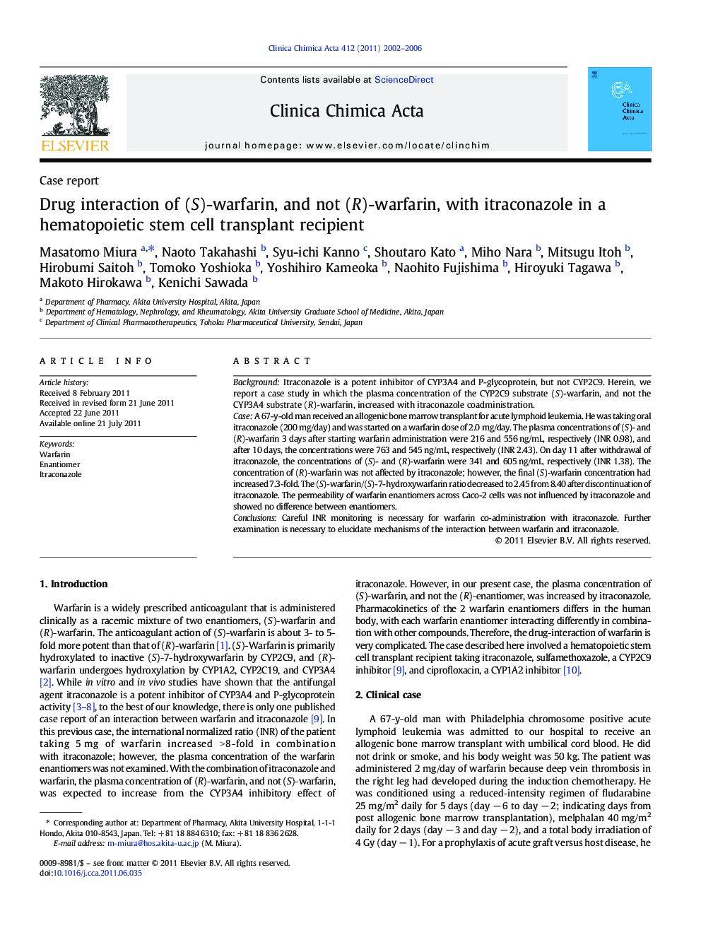 Drug interaction of (S)-warfarin, and not (R)-warfarin, with itraconazole in a hematopoietic stem cell transplant recipient