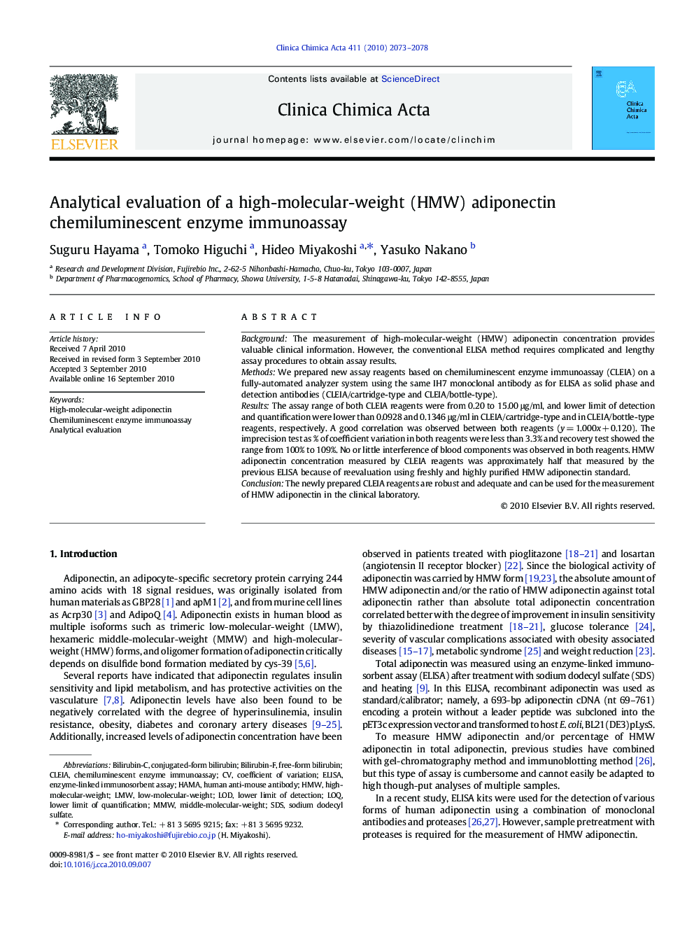 Analytical evaluation of a high-molecular-weight (HMW) adiponectin chemiluminescent enzyme immunoassay