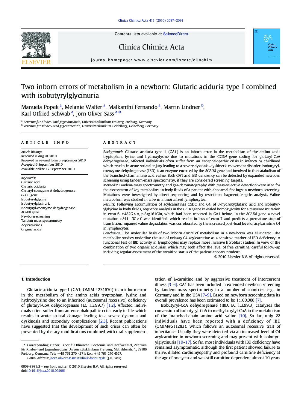 Two inborn errors of metabolism in a newborn: Glutaric aciduria type I combined with isobutyrylglycinuria