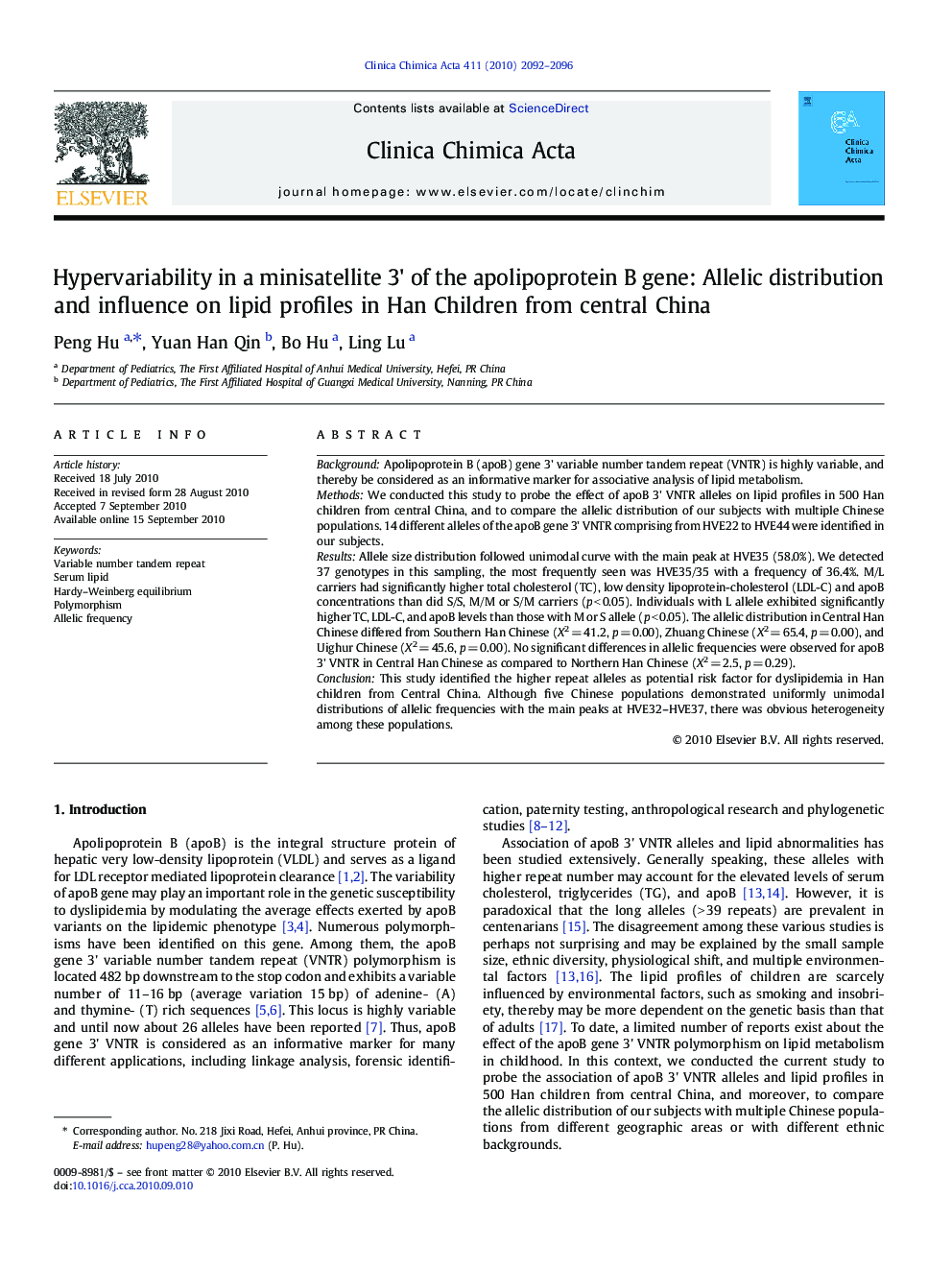 Hypervariability in a minisatellite 3' of the apolipoprotein B gene: Allelic distribution and influence on lipid profiles in Han Children from central China