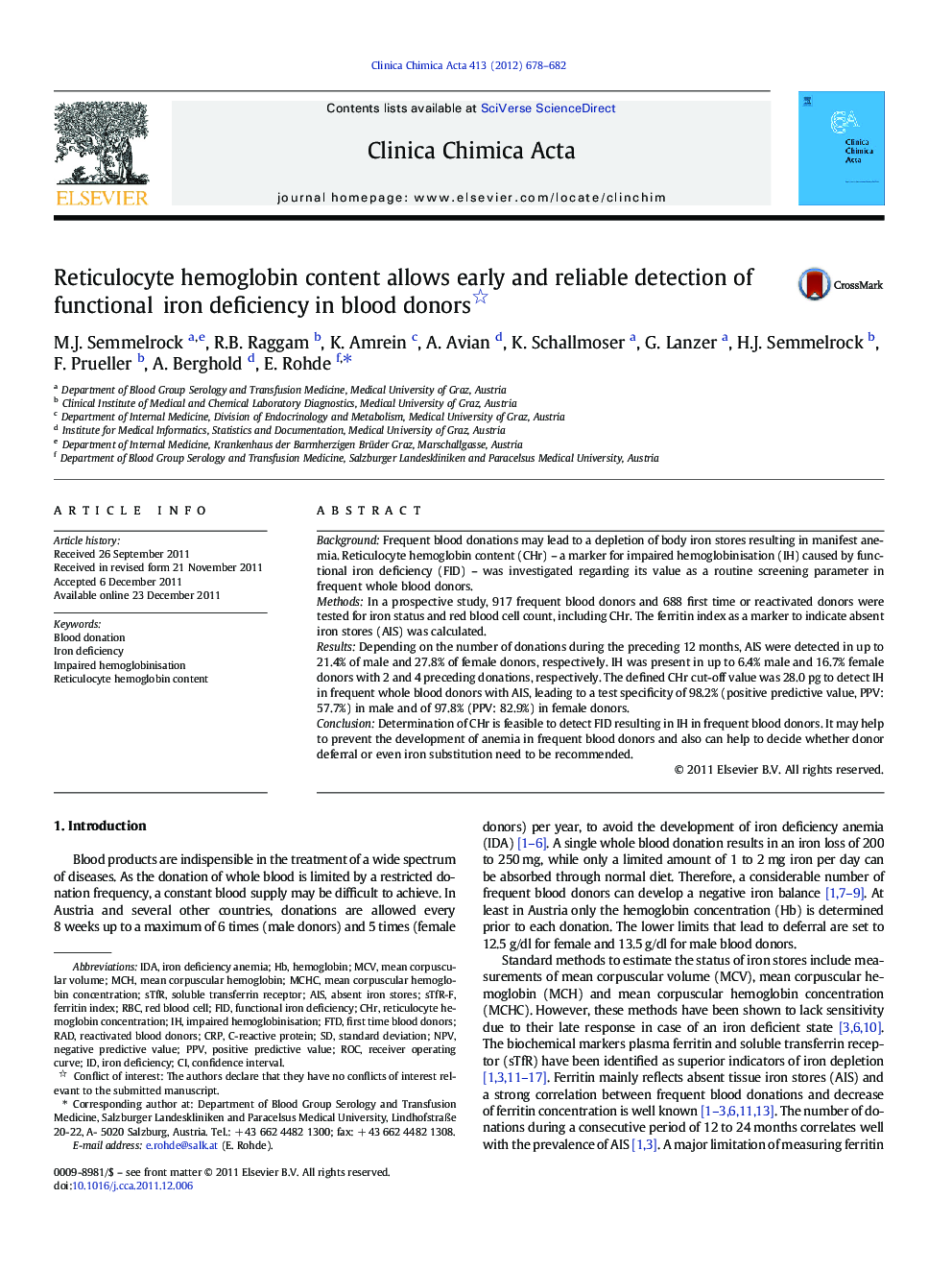 Reticulocyte hemoglobin content allows early and reliable detection of functional iron deficiency in blood donors 