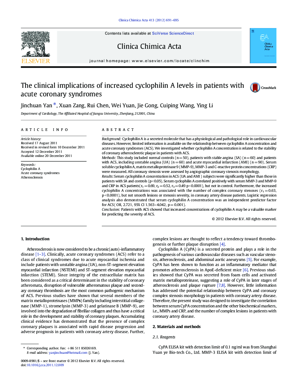 The clinical implications of increased cyclophilin A levels in patients with acute coronary syndromes