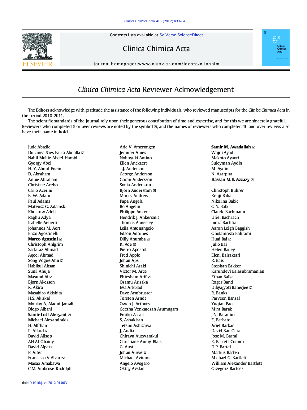 Clinica Chimica Acta Reviewer Acknowledgement