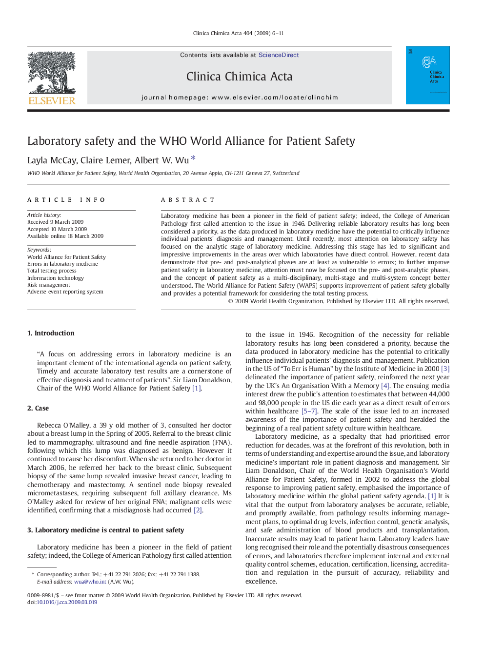 Laboratory safety and the WHO World Alliance for Patient Safety