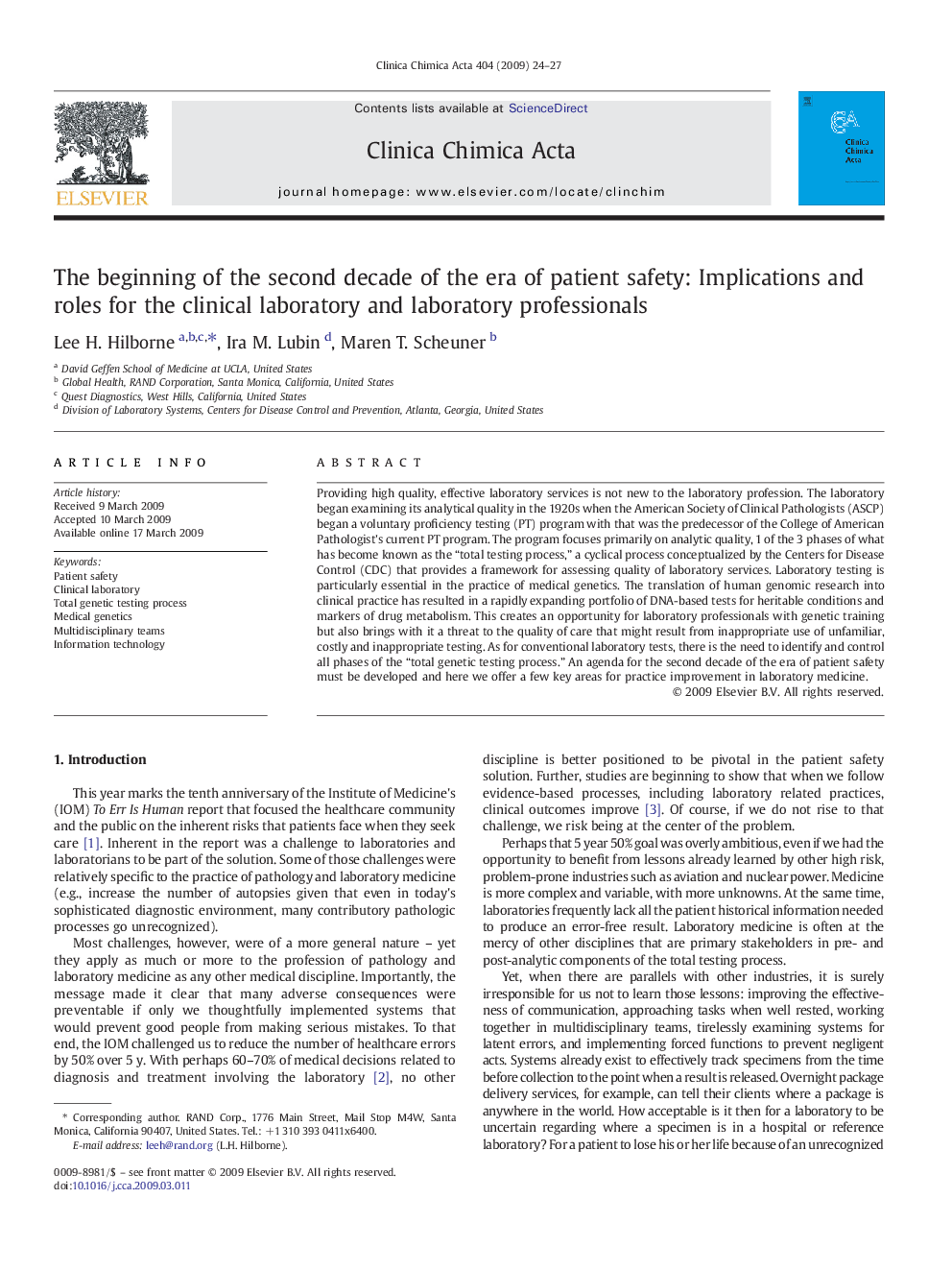 The beginning of the second decade of the era of patient safety: Implications and roles for the clinical laboratory and laboratory professionals