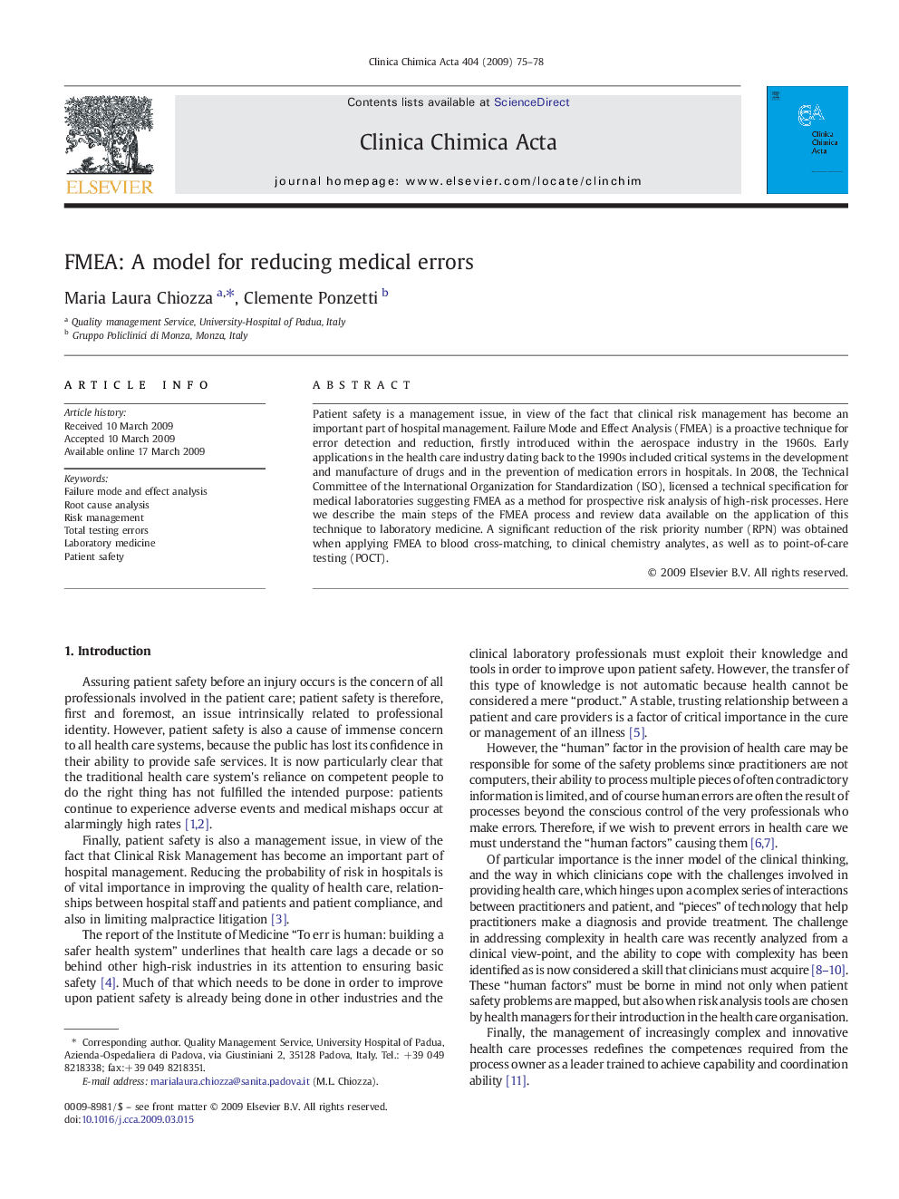 FMEA: A model for reducing medical errors