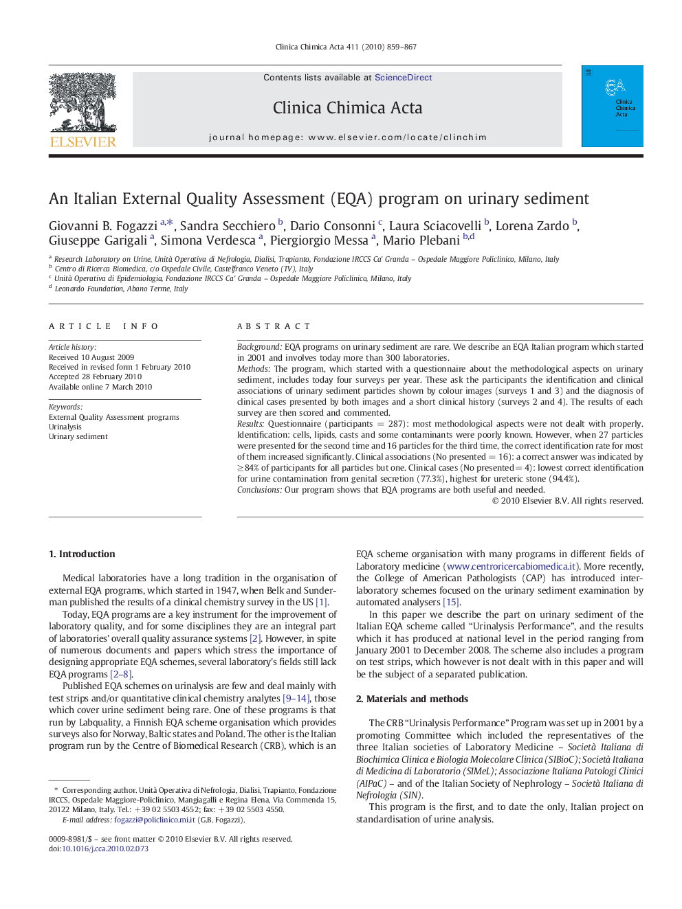 An Italian External Quality Assessment (EQA) program on urinary sediment