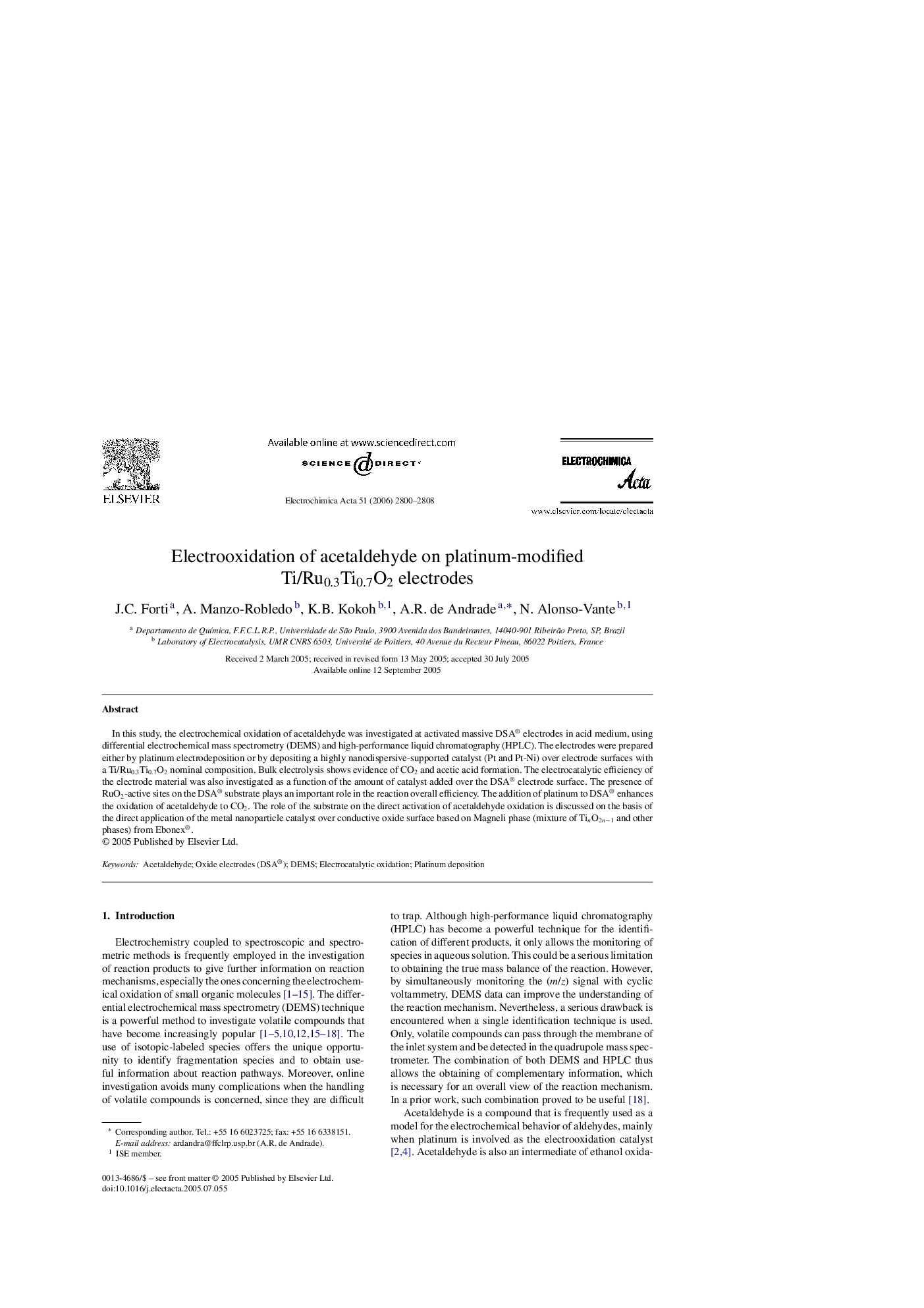 Electrooxidation of acetaldehyde on platinum-modified Ti/Ru0.3Ti0.7O2 electrodes