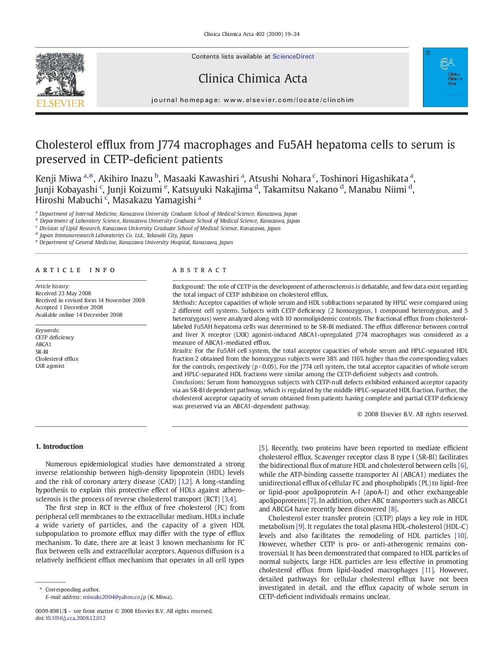 Cholesterol efflux from J774 macrophages and Fu5AH hepatoma cells to serum is preserved in CETP-deficient patients