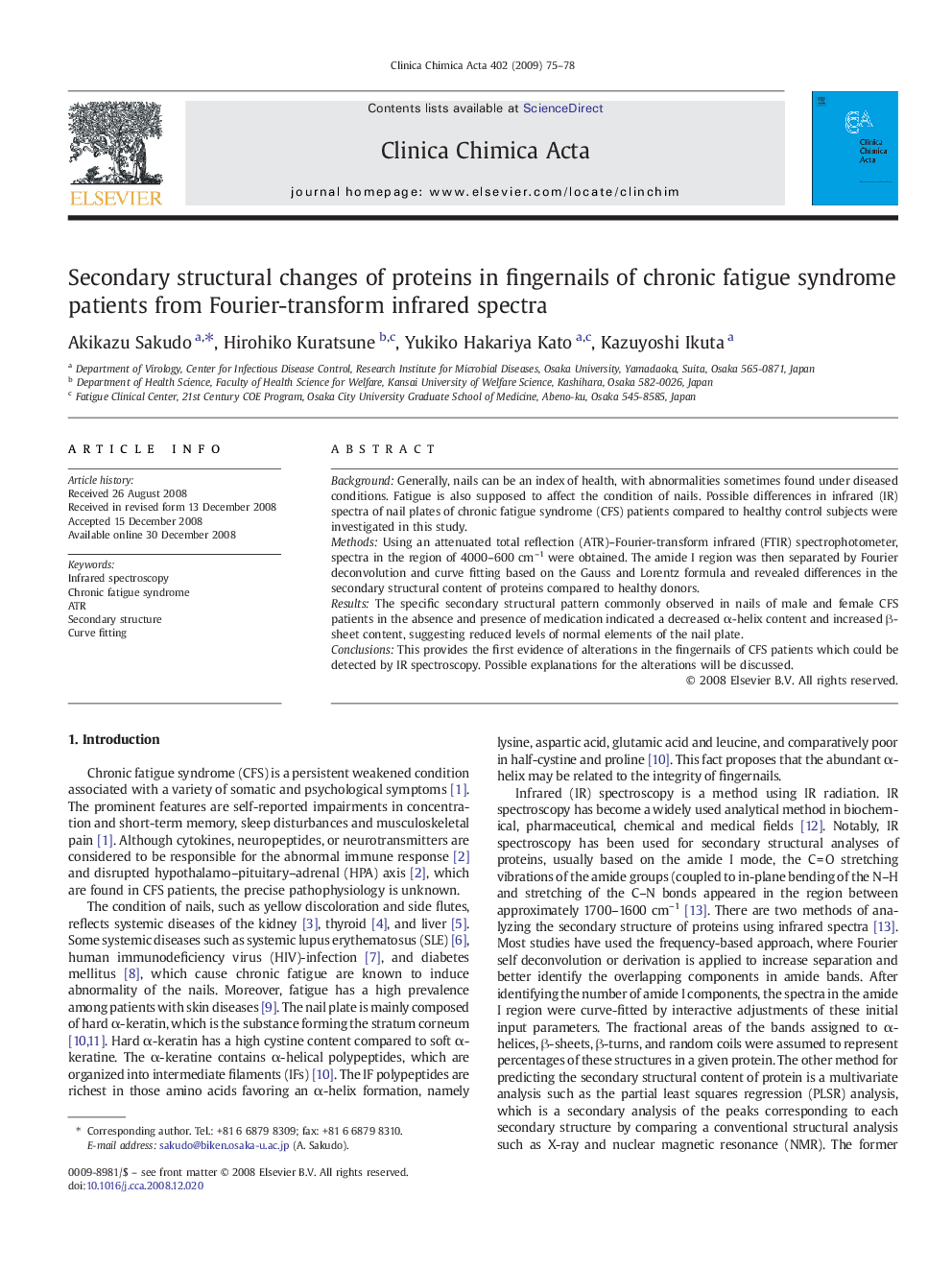 Secondary structural changes of proteins in fingernails of chronic fatigue syndrome patients from Fourier-transform infrared spectra