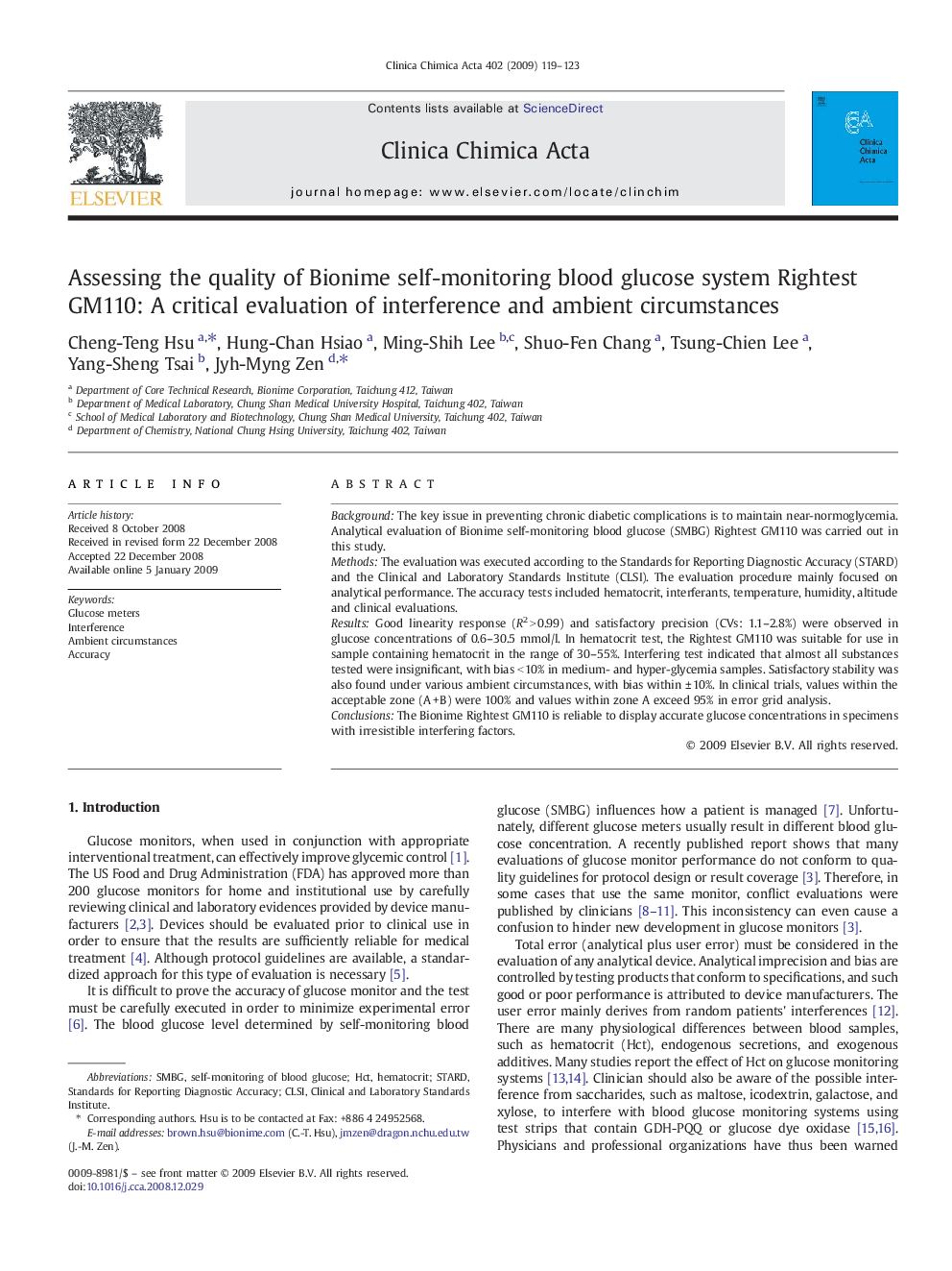 Assessing the quality of Bionime self-monitoring blood glucose system Rightest GM110: A critical evaluation of interference and ambient circumstances