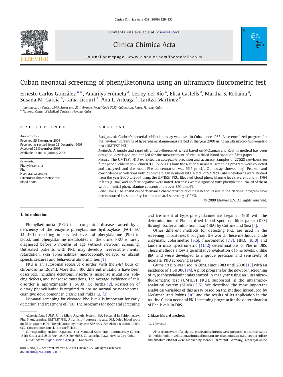 Cuban neonatal screening of phenylketonuria using an ultramicro-fluorometric test