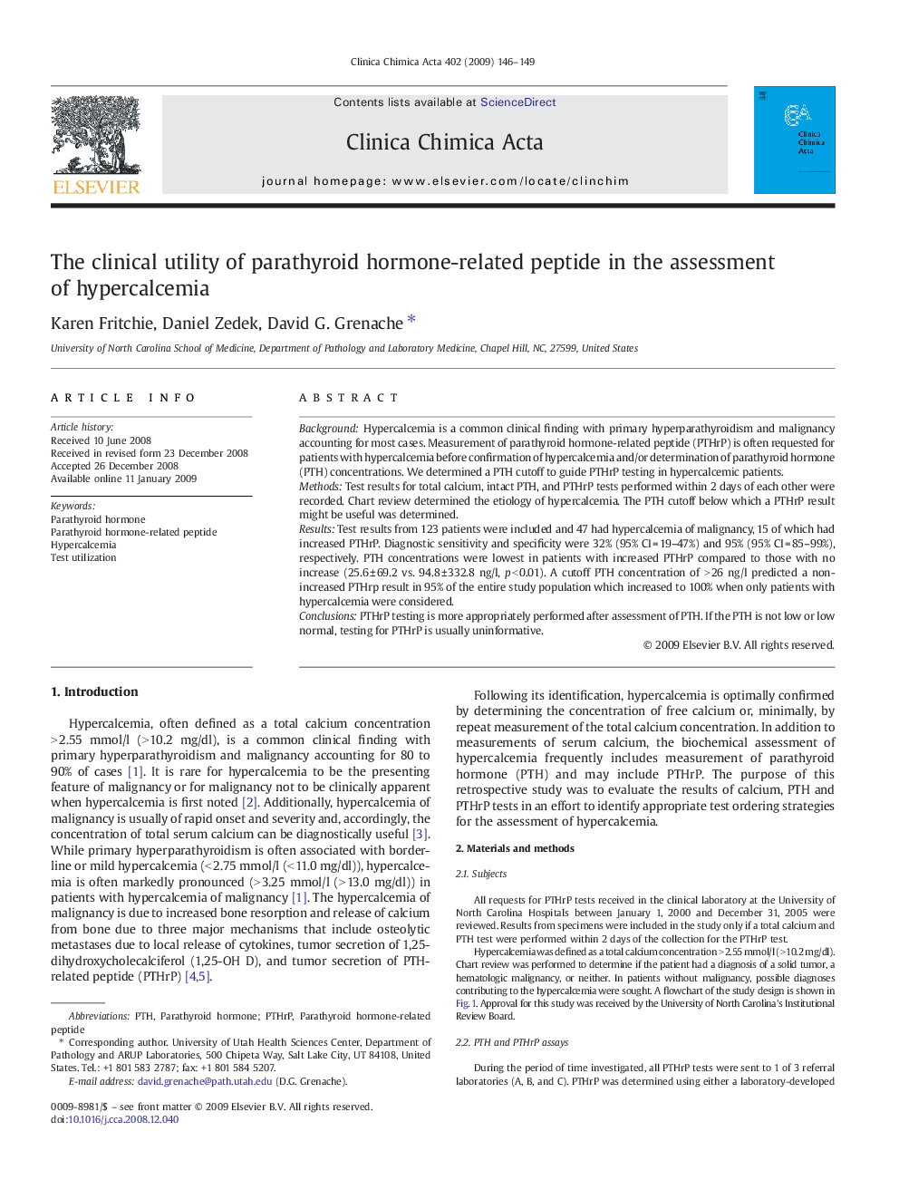 The clinical utility of parathyroid hormone-related peptide in the assessment of hypercalcemia