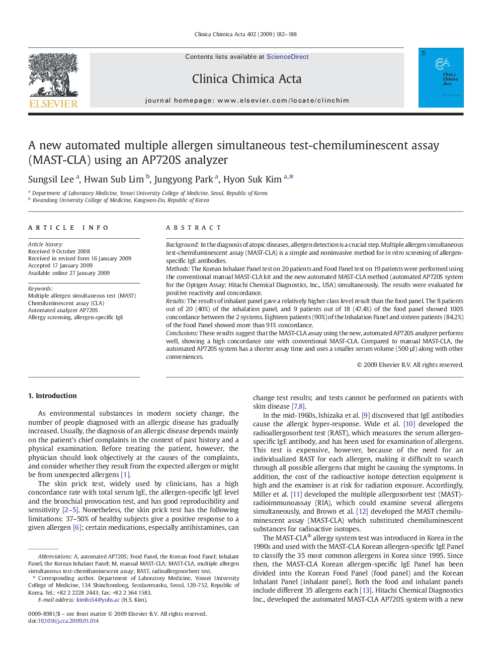 A new automated multiple allergen simultaneous test-chemiluminescent assay (MAST-CLA) using an AP720S analyzer