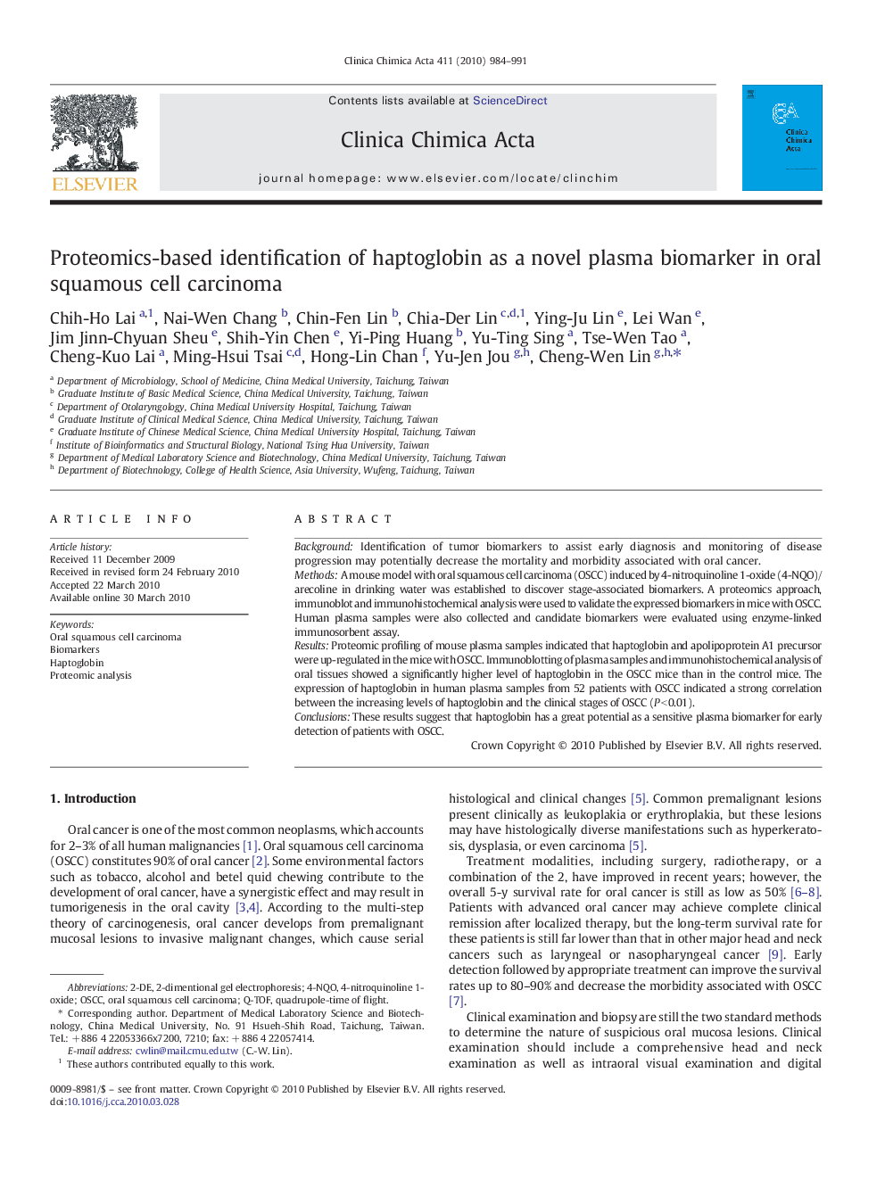 Proteomics-based identification of haptoglobin as a novel plasma biomarker in oral squamous cell carcinoma