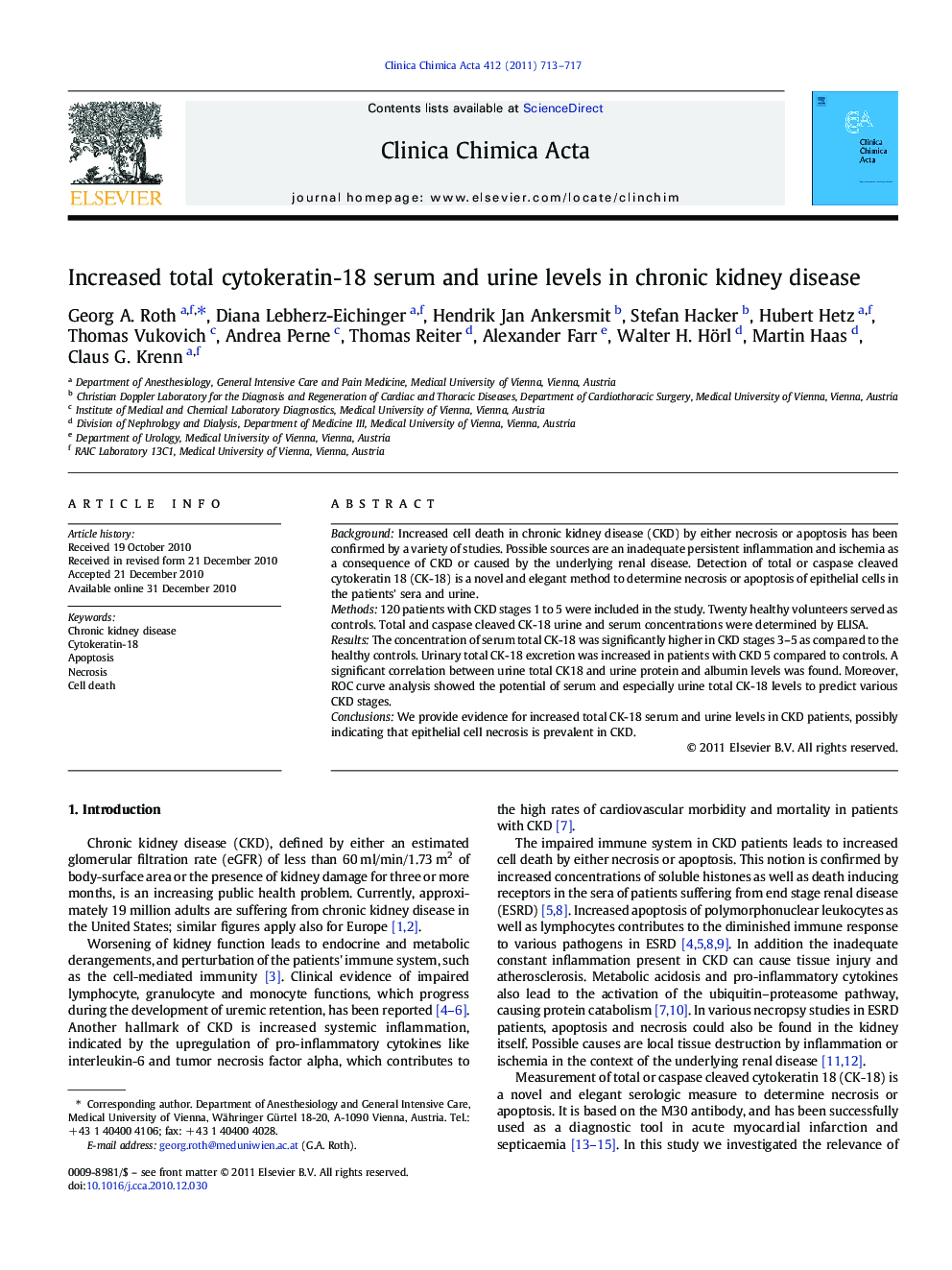 عکس صفحه اول مقاله: Increased total cytokeratin-18 serum and urine levels in chronic kidney disease Increased total cytokeratin-18 serum and urine levels in chronic kidney disease