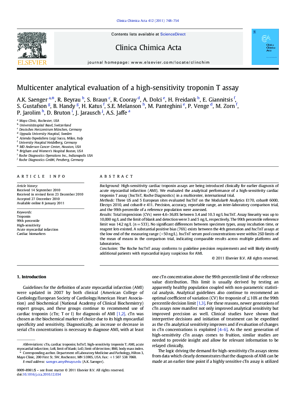 Multicenter analytical evaluation of a high-sensitivity troponin T assay