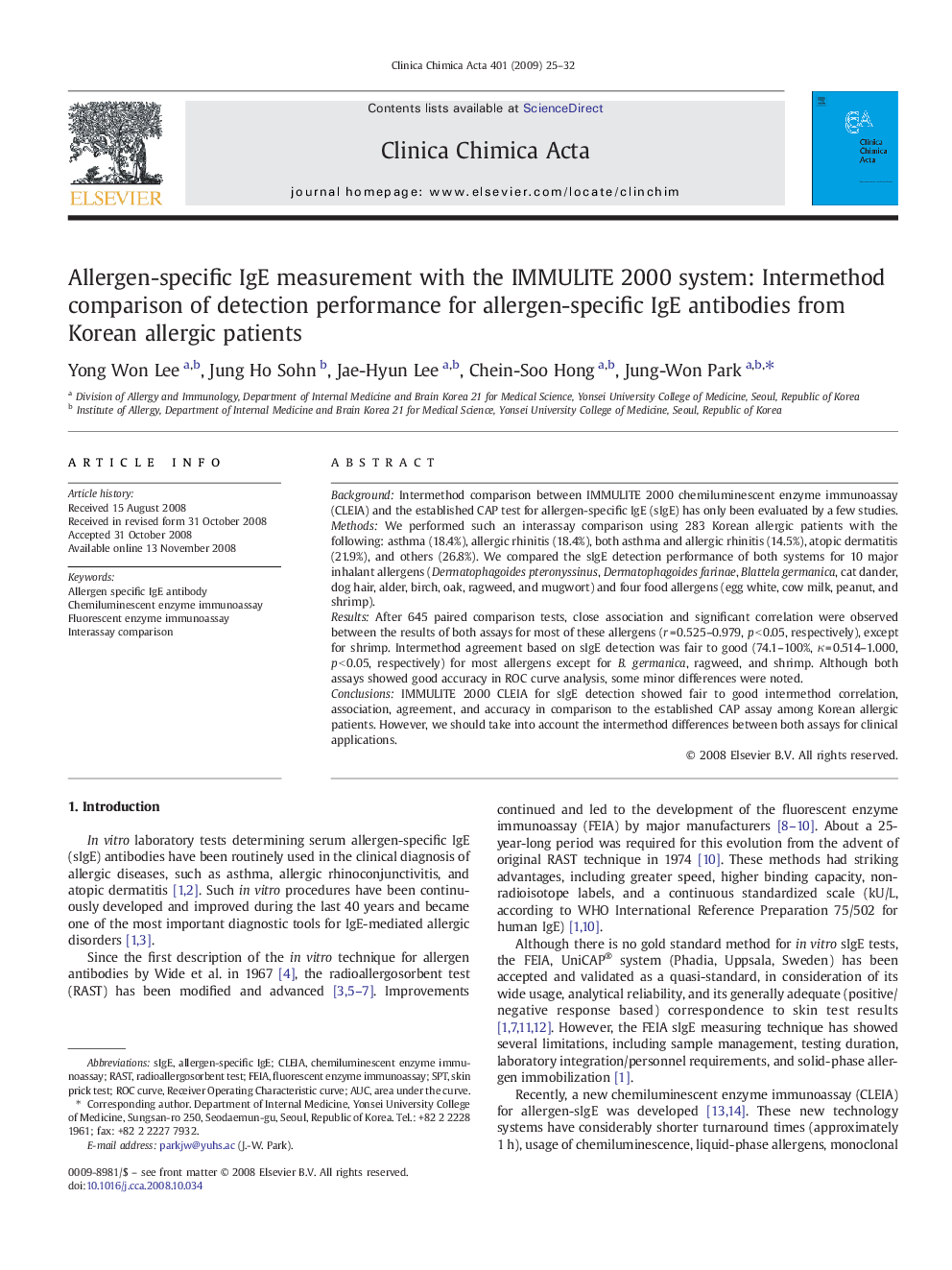 Allergen-specific IgE measurement with the IMMULITE 2000 system: Intermethod comparison of detection performance for allergen-specific IgE antibodies from Korean allergic patients