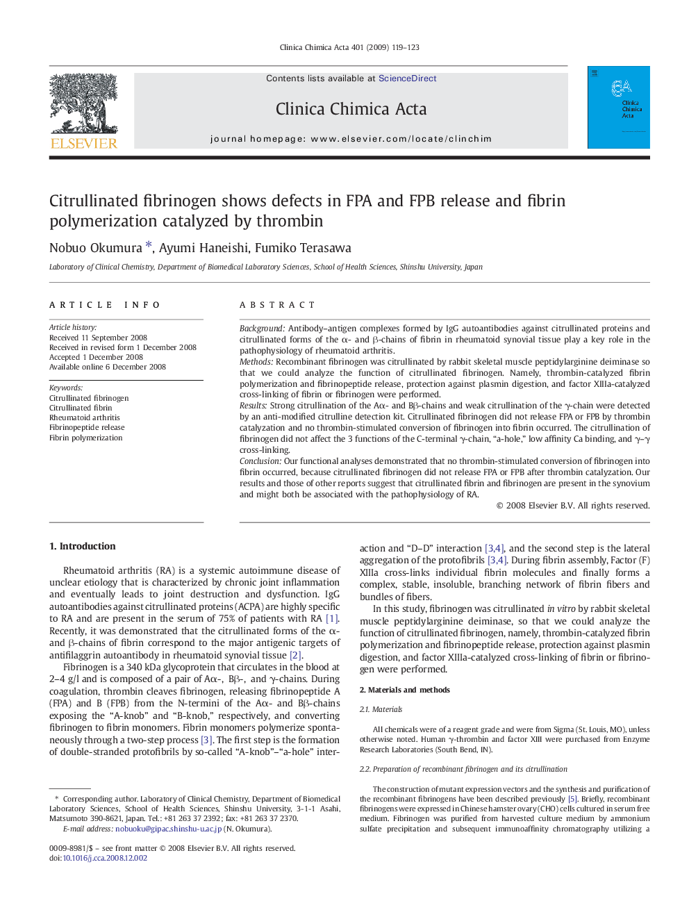 Citrullinated fibrinogen shows defects in FPA and FPB release and fibrin polymerization catalyzed by thrombin