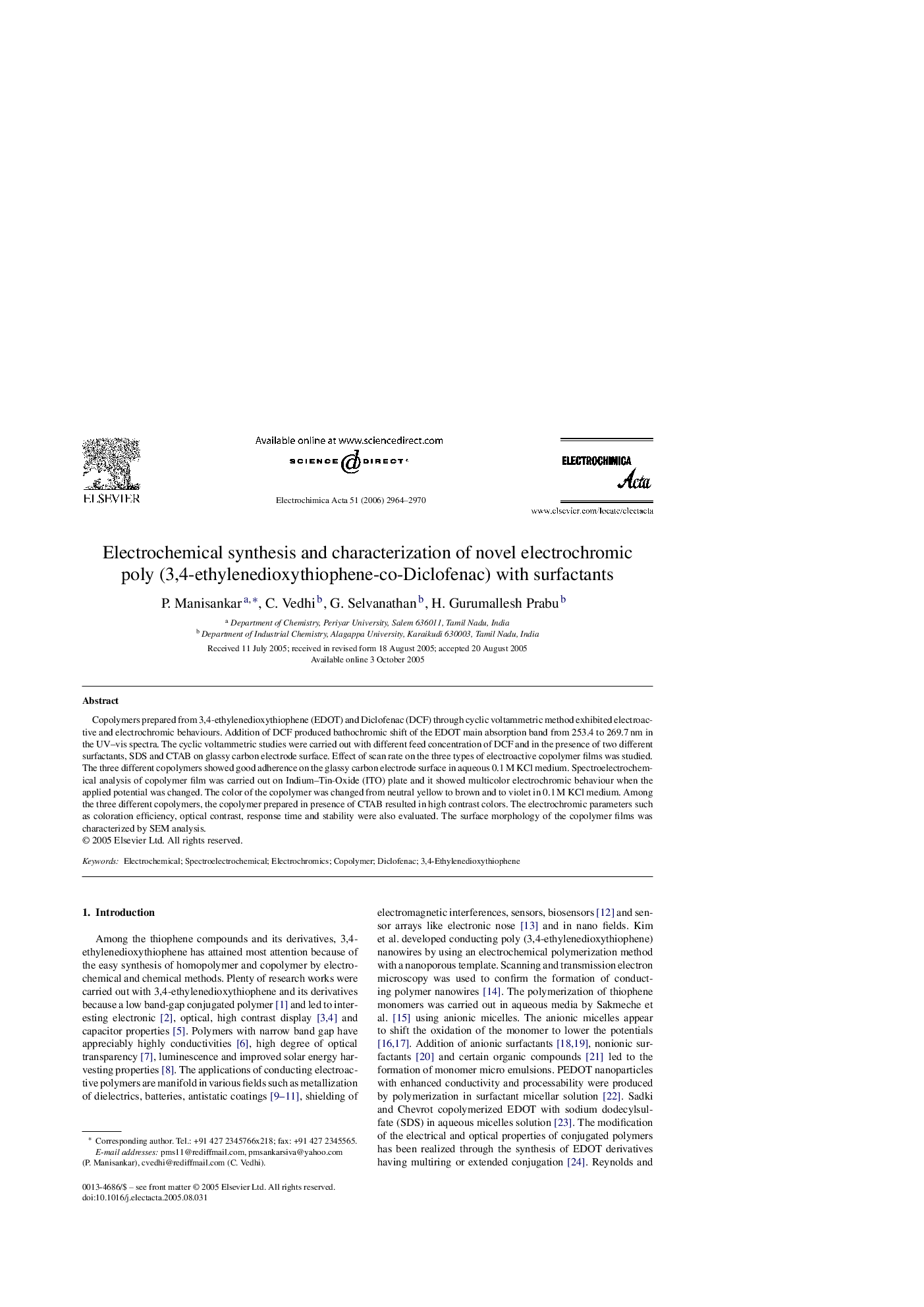 Electrochemical synthesis and characterization of novel electrochromic poly (3,4-ethylenedioxythiophene-co-Diclofenac) with surfactants