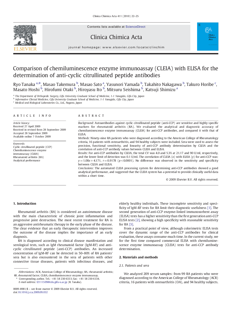 Comparison of chemiluminescence enzyme immunoassay (CLEIA) with ELISA for the determination of anti-cyclic citrullinated peptide antibodies