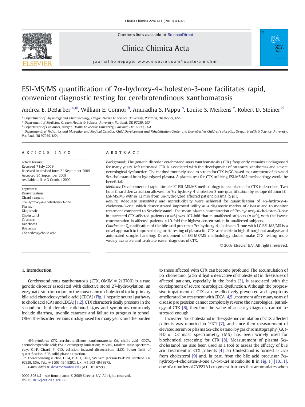 ESI-MS/MS quantification of 7α-hydroxy-4-cholesten-3-one facilitates rapid, convenient diagnostic testing for cerebrotendinous xanthomatosis