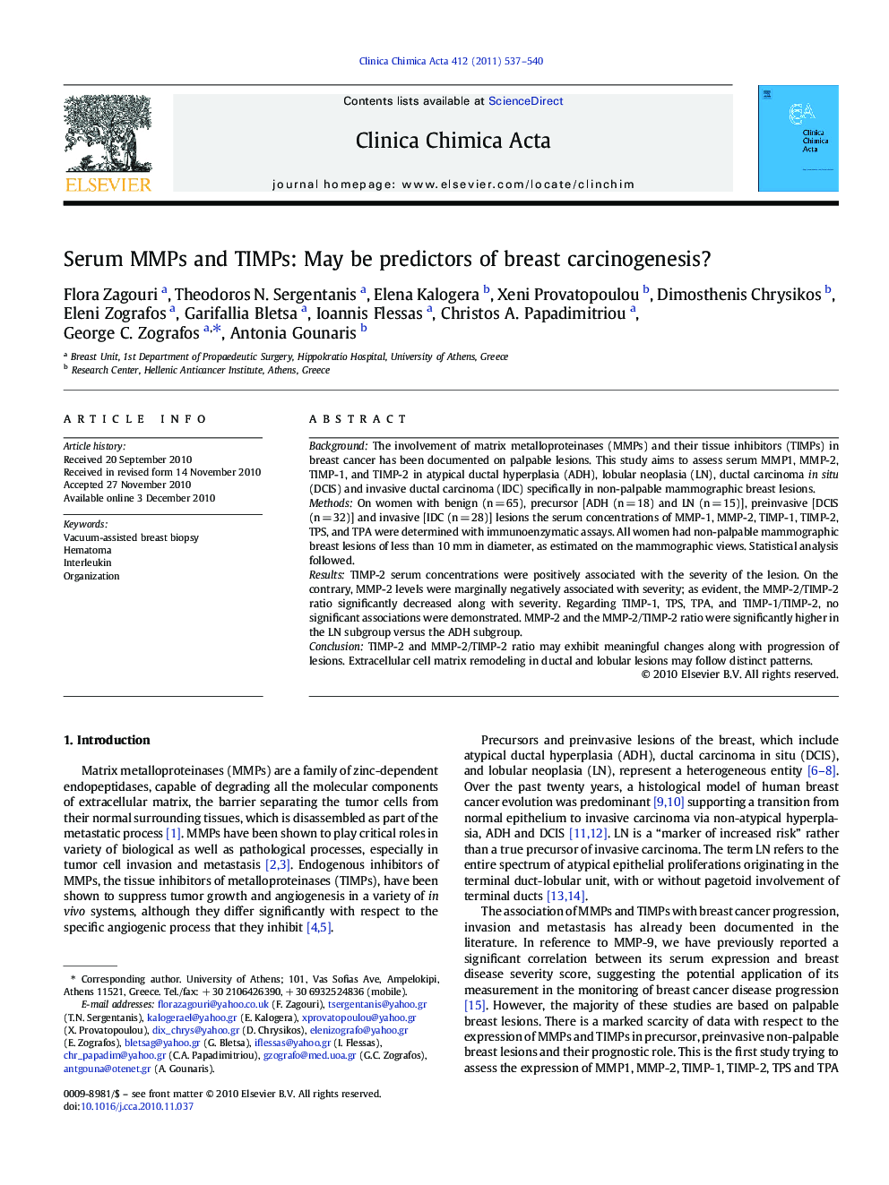 Serum MMPs and TIMPs: May be predictors of breast carcinogenesis?