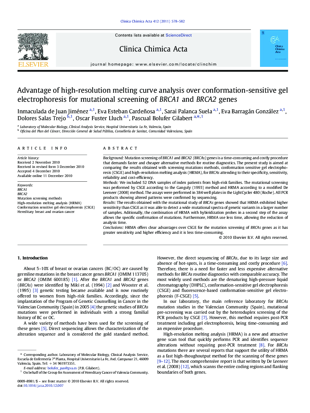 Advantage of high-resolution melting curve analysis over conformation-sensitive gel electrophoresis for mutational screening of BRCA1 and BRCA2 genes