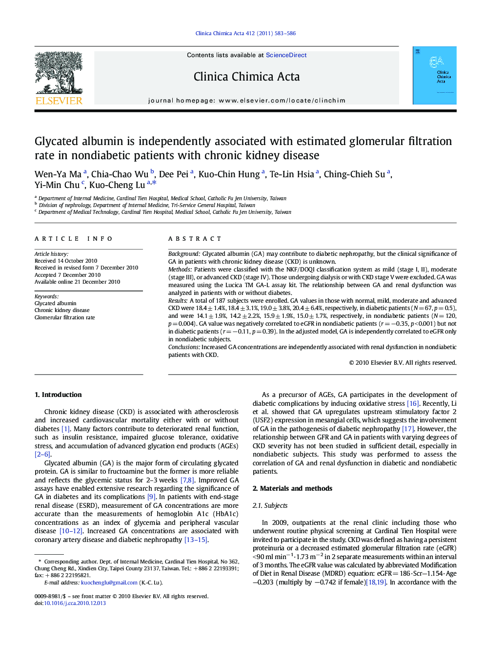 Glycated albumin is independently associated with estimated glomerular filtration rate in nondiabetic patients with chronic kidney disease