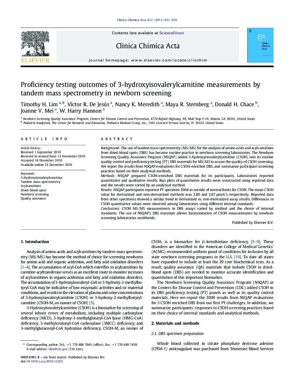 Proficiency testing outcomes of 3-hydroxyisovalerylcarnitine measurements by tandem mass spectrometry in newborn screening