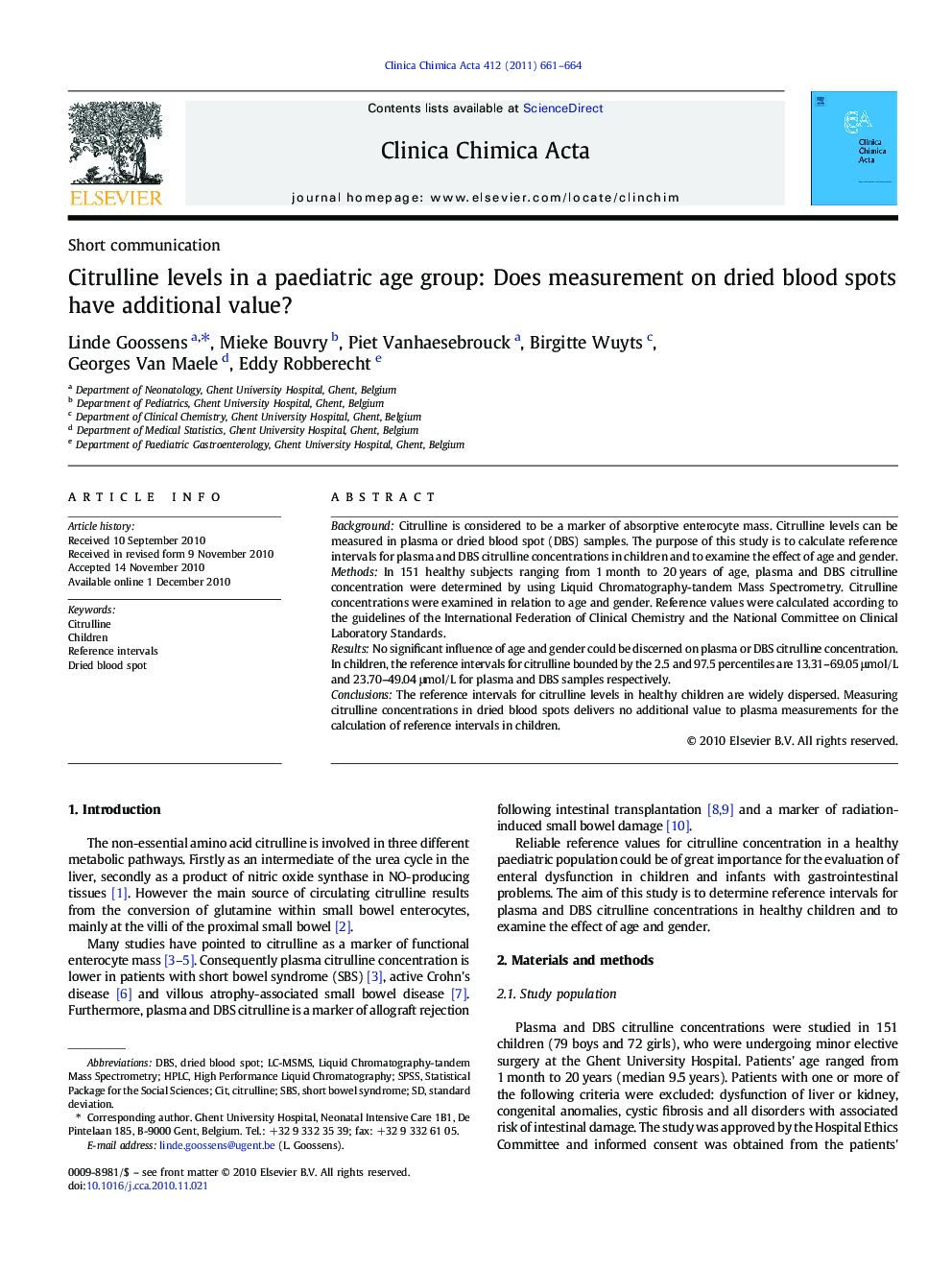 Citrulline levels in a paediatric age group: Does measurement on dried blood spots have additional value?