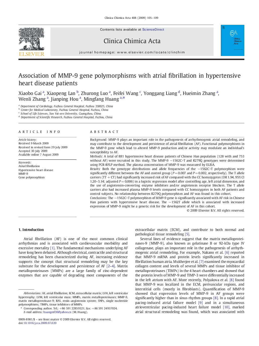 Association of MMP-9 gene polymorphisms with atrial fibrillation in hypertensive heart disease patients