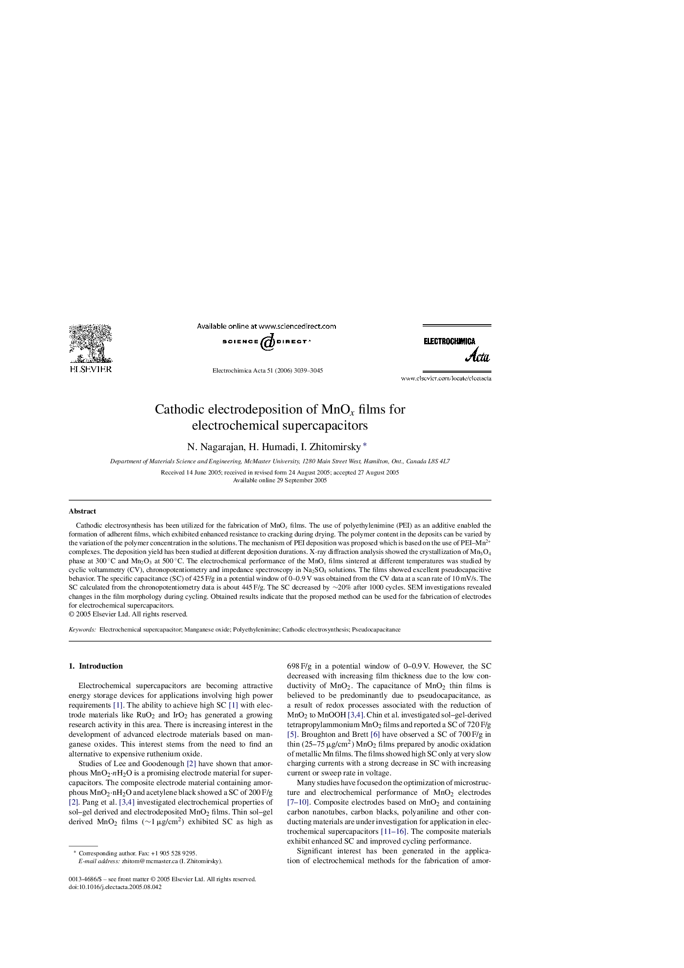 Cathodic electrodeposition of MnOx films for electrochemical supercapacitors