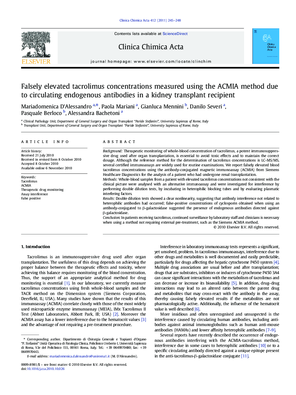 Falsely elevated tacrolimus concentrations measured using the ACMIA method due to circulating endogenous antibodies in a kidney transplant recipient