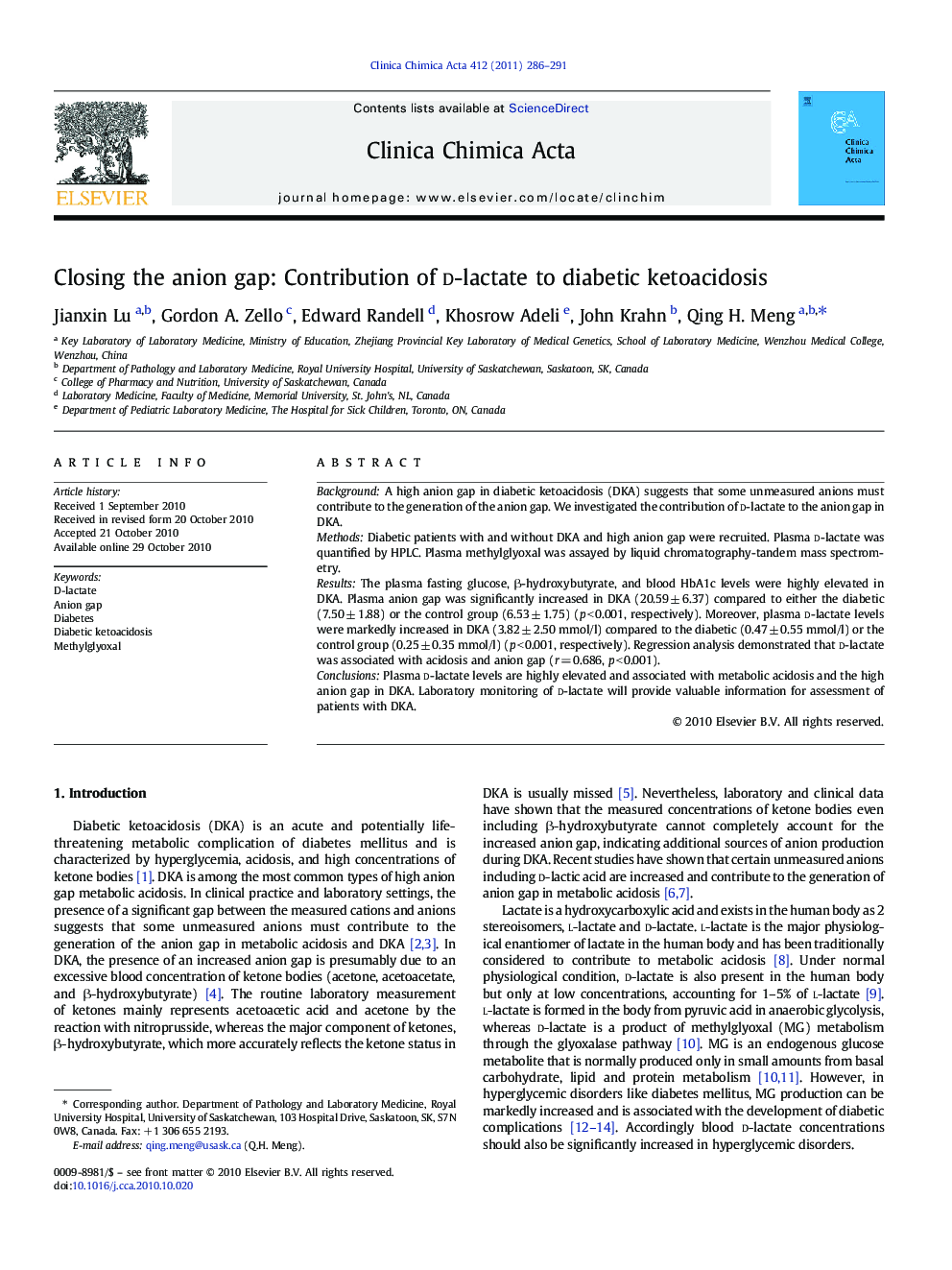 Closing the anion gap: Contribution of d-lactate to diabetic ketoacidosis