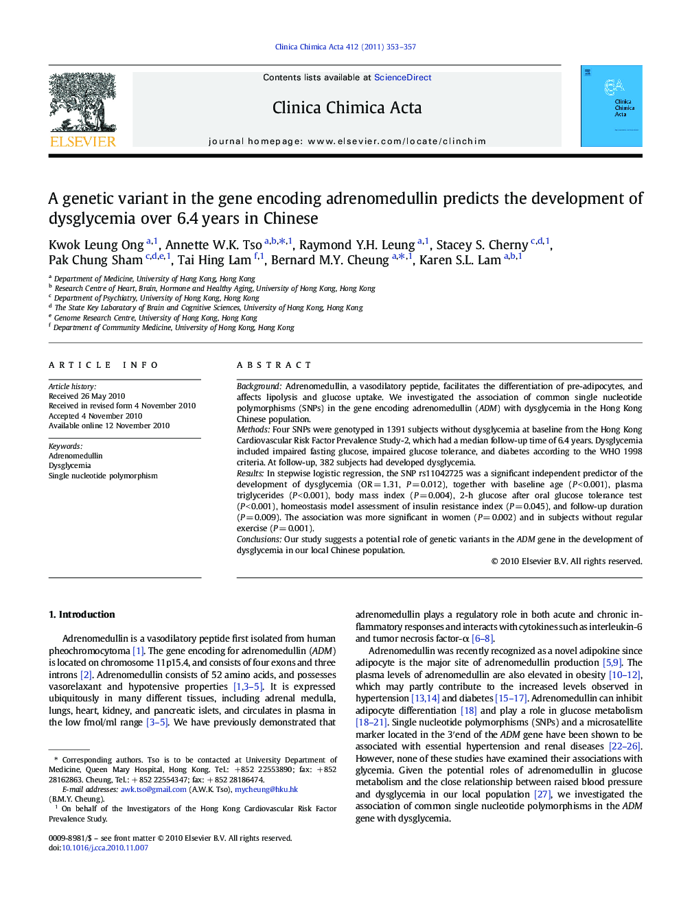 A genetic variant in the gene encoding adrenomedullin predicts the development of dysglycemia over 6.4 years in Chinese