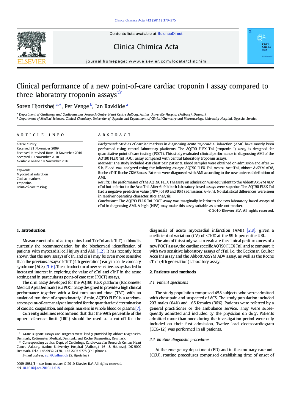 Clinical performance of a new point-of-care cardiac troponin I assay compared to three laboratory troponin assays 