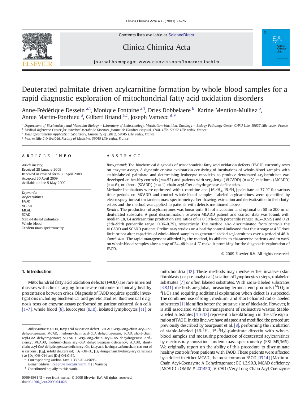 Deuterated palmitate-driven acylcarnitine formation by whole-blood samples for a rapid diagnostic exploration of mitochondrial fatty acid oxidation disorders