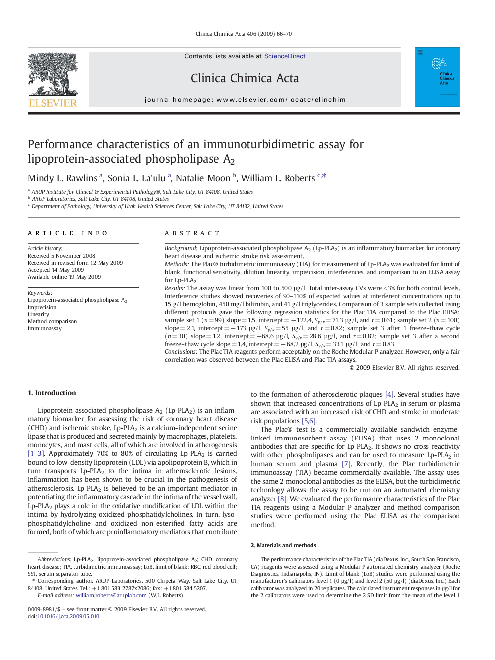 Performance characteristics of an immunoturbidimetric assay for lipoprotein-associated phospholipase A2