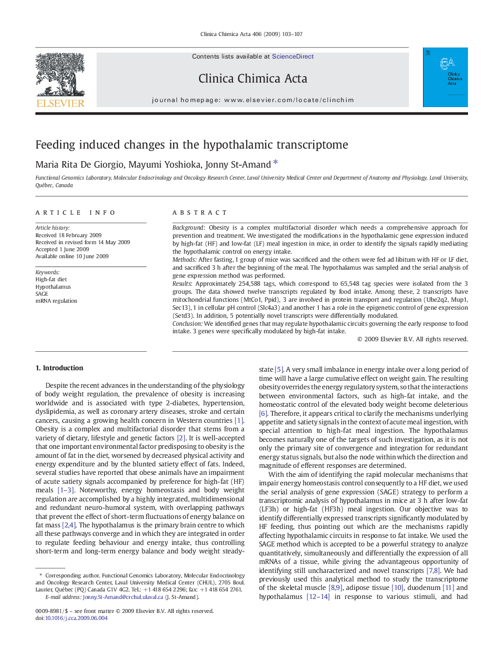 Feeding induced changes in the hypothalamic transcriptome