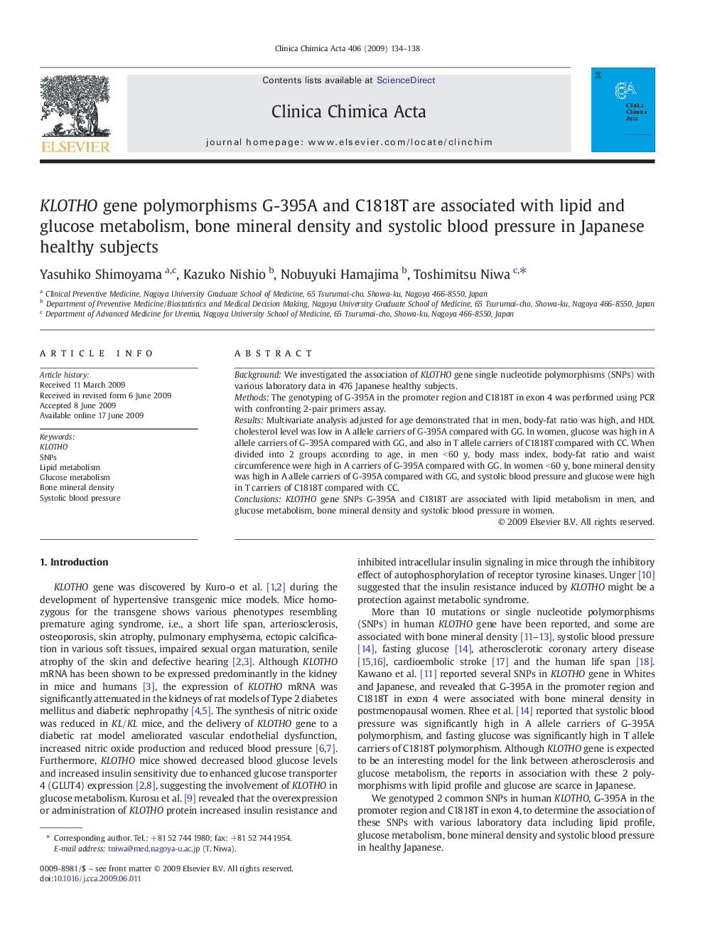 KLOTHO gene polymorphisms G-395A and C1818T are associated with lipid and glucose metabolism, bone mineral density and systolic blood pressure in Japanese healthy subjects