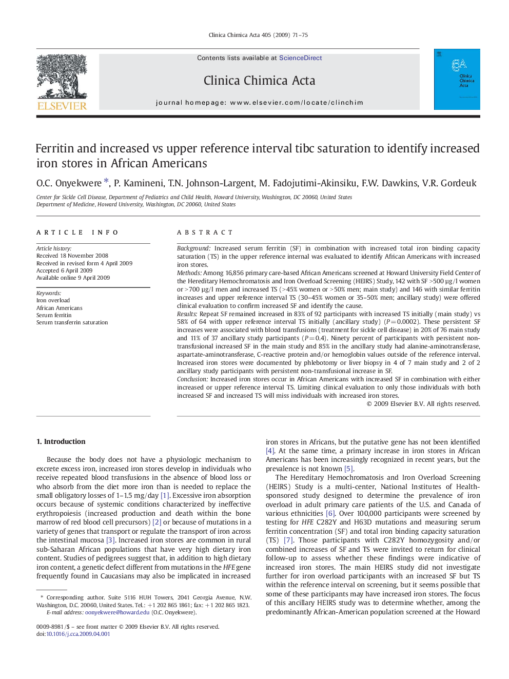 Ferritin and increased vs upper reference interval tibc saturation to identify increased iron stores in African Americans