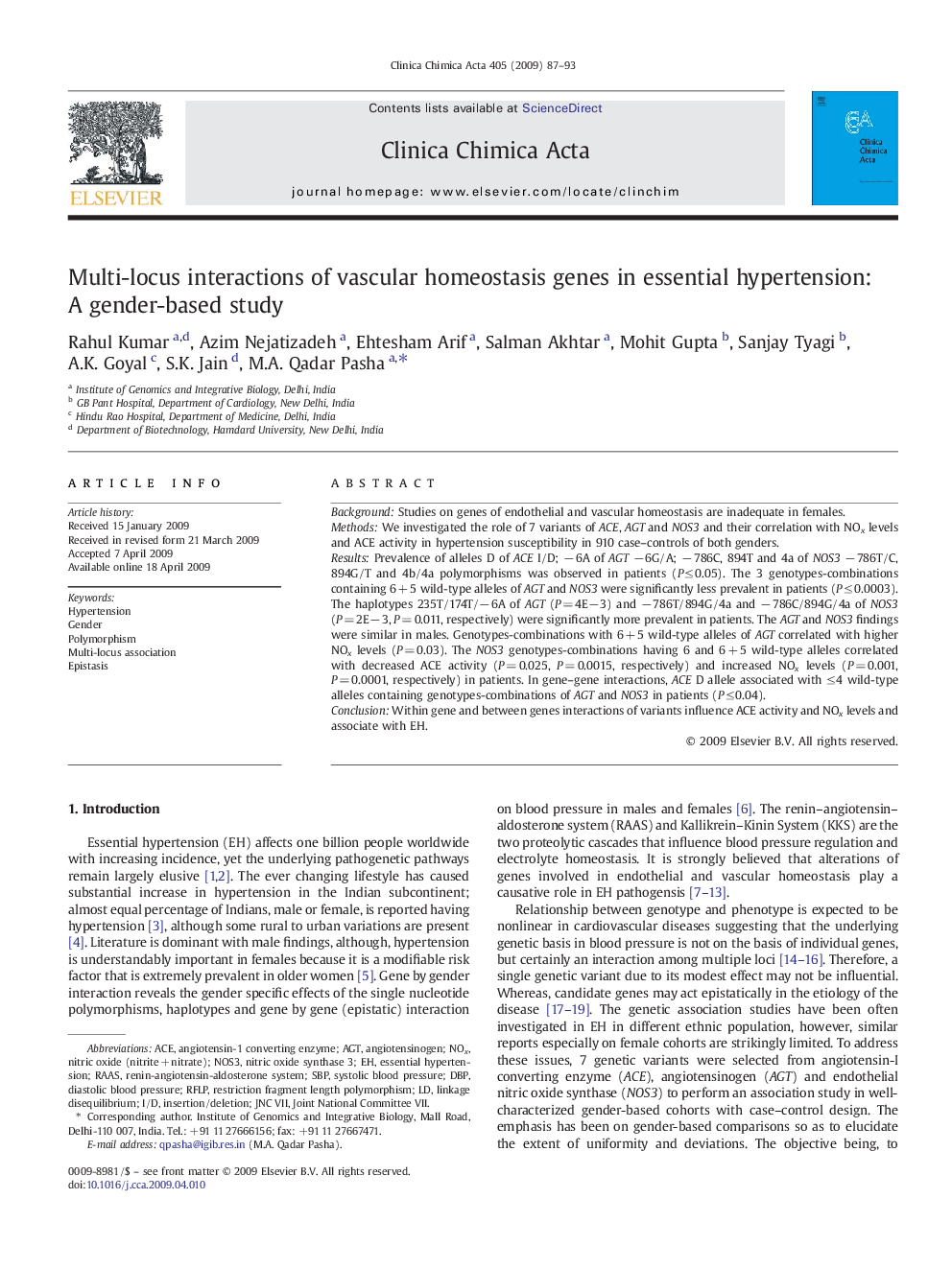 Multi-locus interactions of vascular homeostasis genes in essential hypertension: A gender-based study