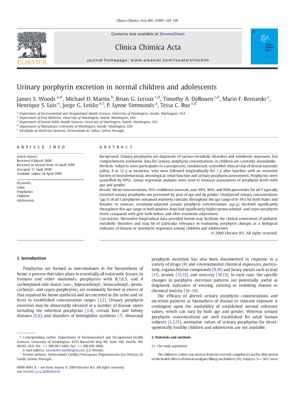 Urinary porphyrin excretion in normal children and adolescents