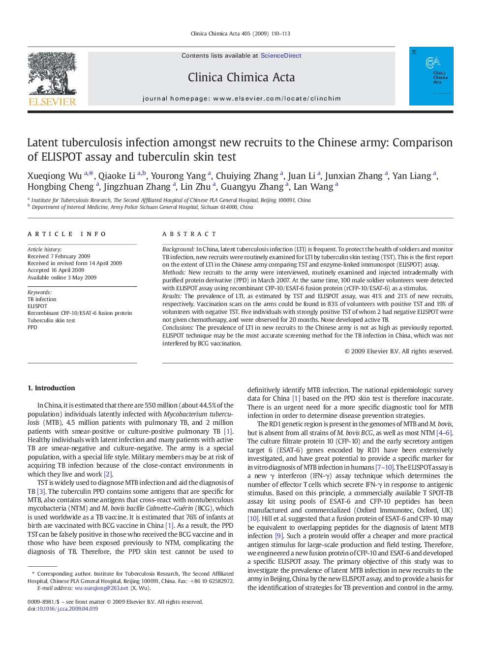 Latent tuberculosis infection amongst new recruits to the Chinese army: Comparison of ELISPOT assay and tuberculin skin test