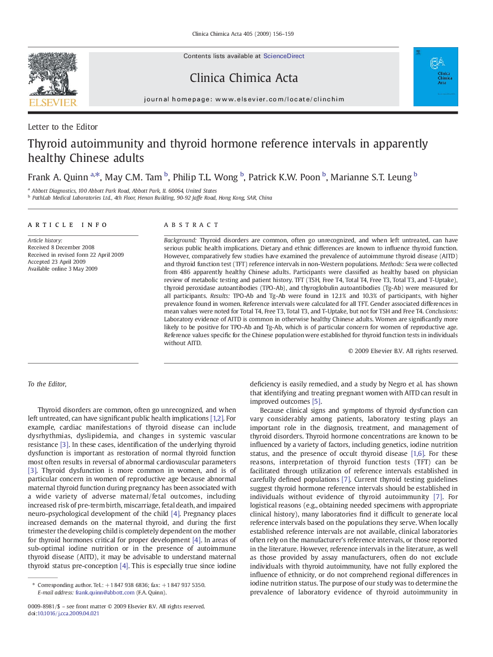 Thyroid autoimmunity and thyroid hormone reference intervals in apparently healthy Chinese adults