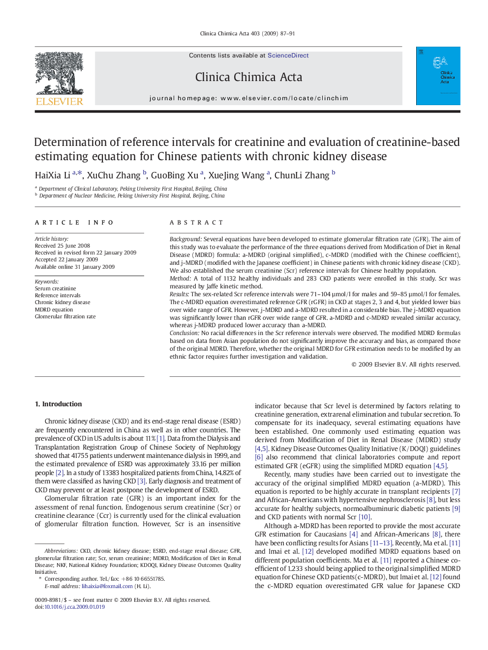 Determination of reference intervals for creatinine and evaluation of creatinine-based estimating equation for Chinese patients with chronic kidney disease