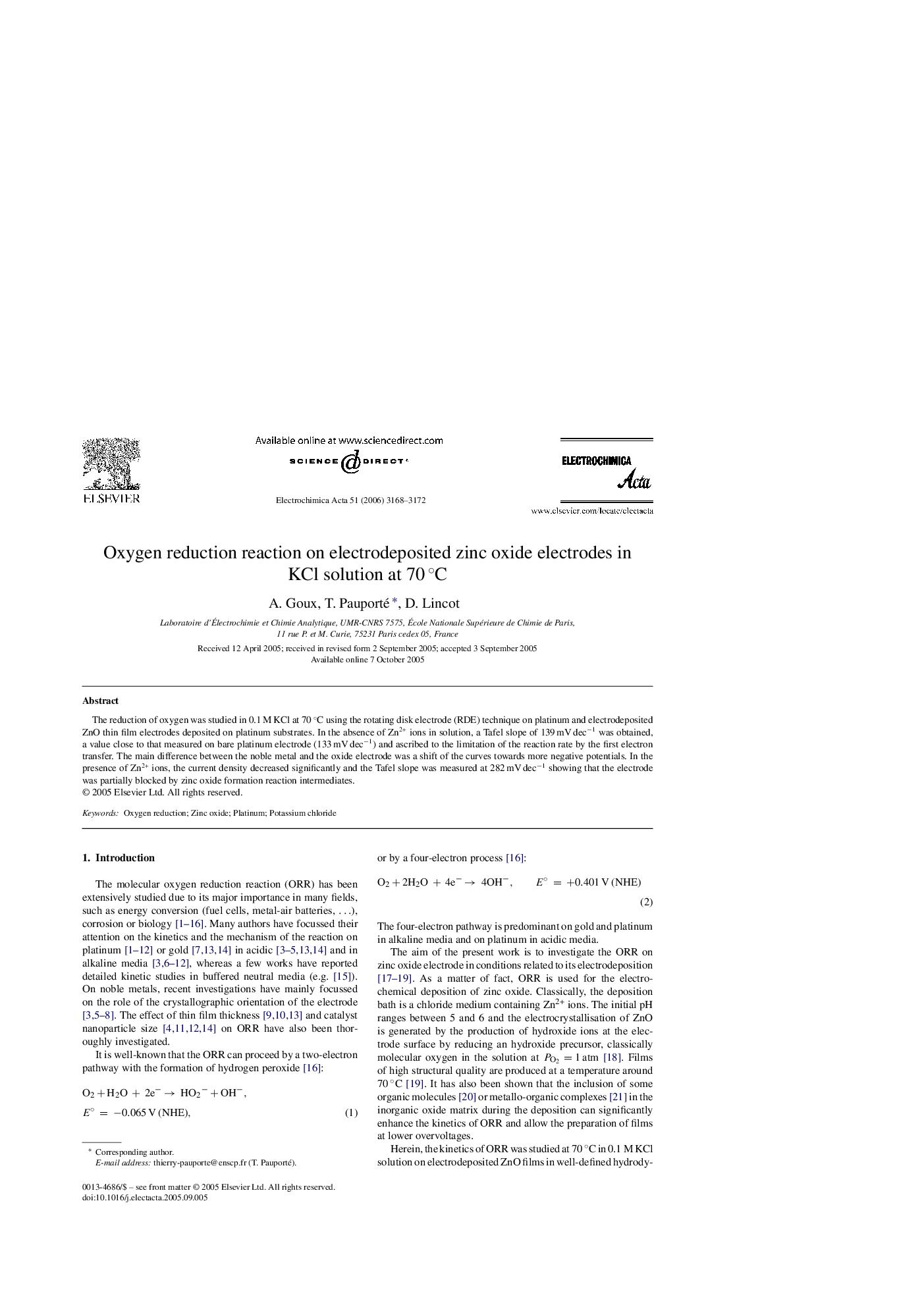 Oxygen reduction reaction on electrodeposited zinc oxide electrodes in KCl solution at 70 °C