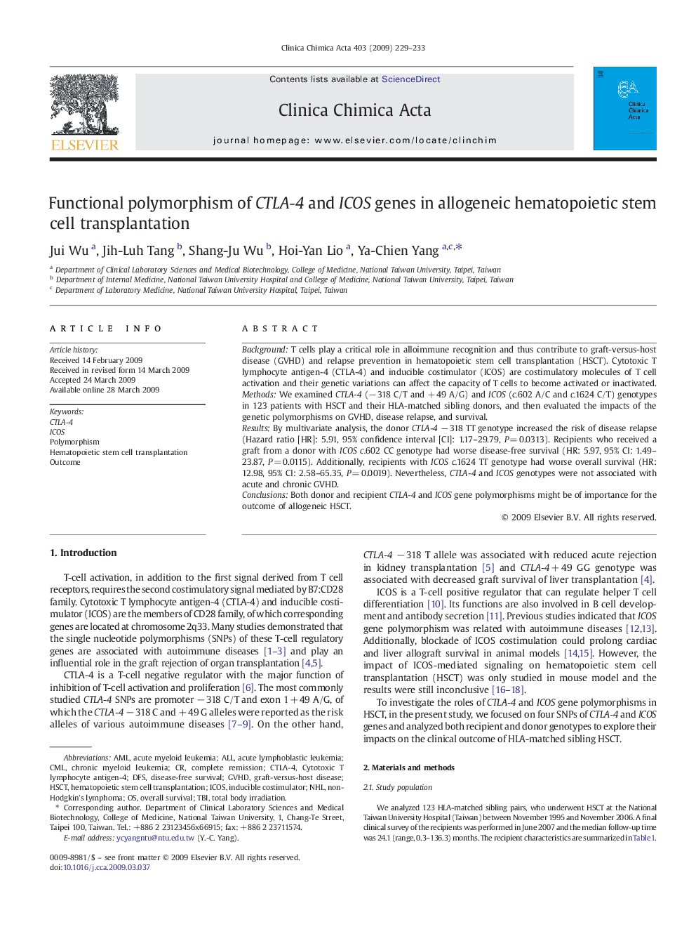 Functional polymorphism of CTLA-4 and ICOS genes in allogeneic hematopoietic stem cell transplantation